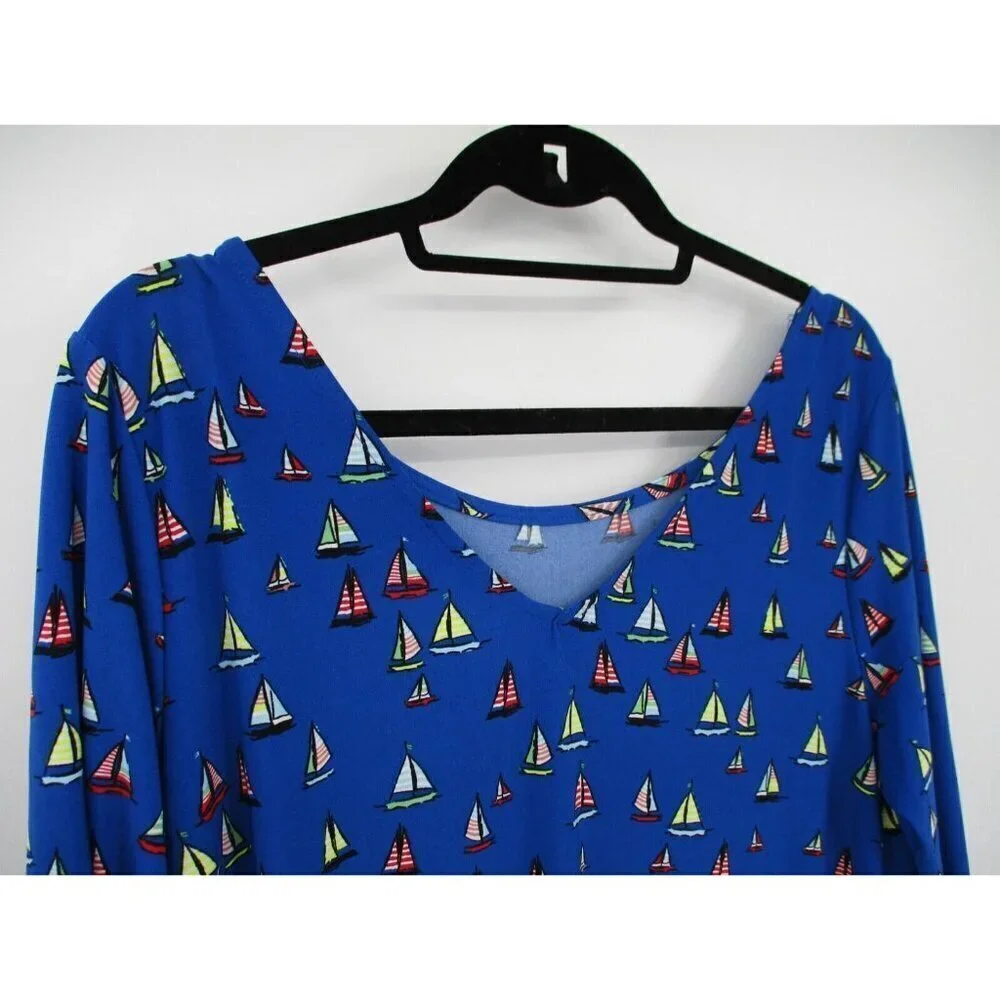 Leota Womens Dress 1X Long Blue Preppy Nautical Ships Boats Stretch Pullover
